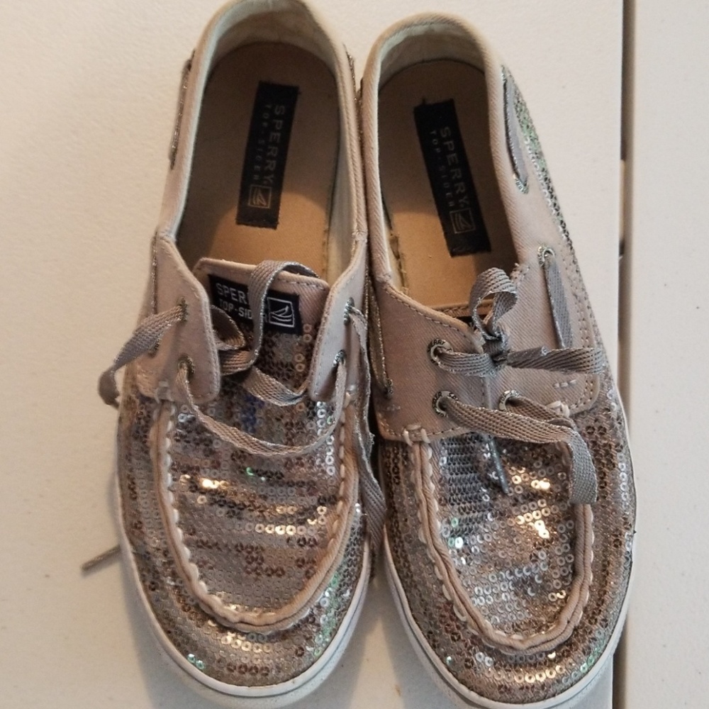 Sparkly silver sperry top siders